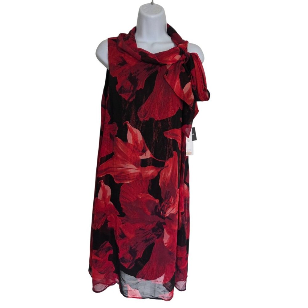 Robbie Bee Black Pink Floral Sleeveless Cowl Neck Scarf Midi Dress Chiffon 12‎